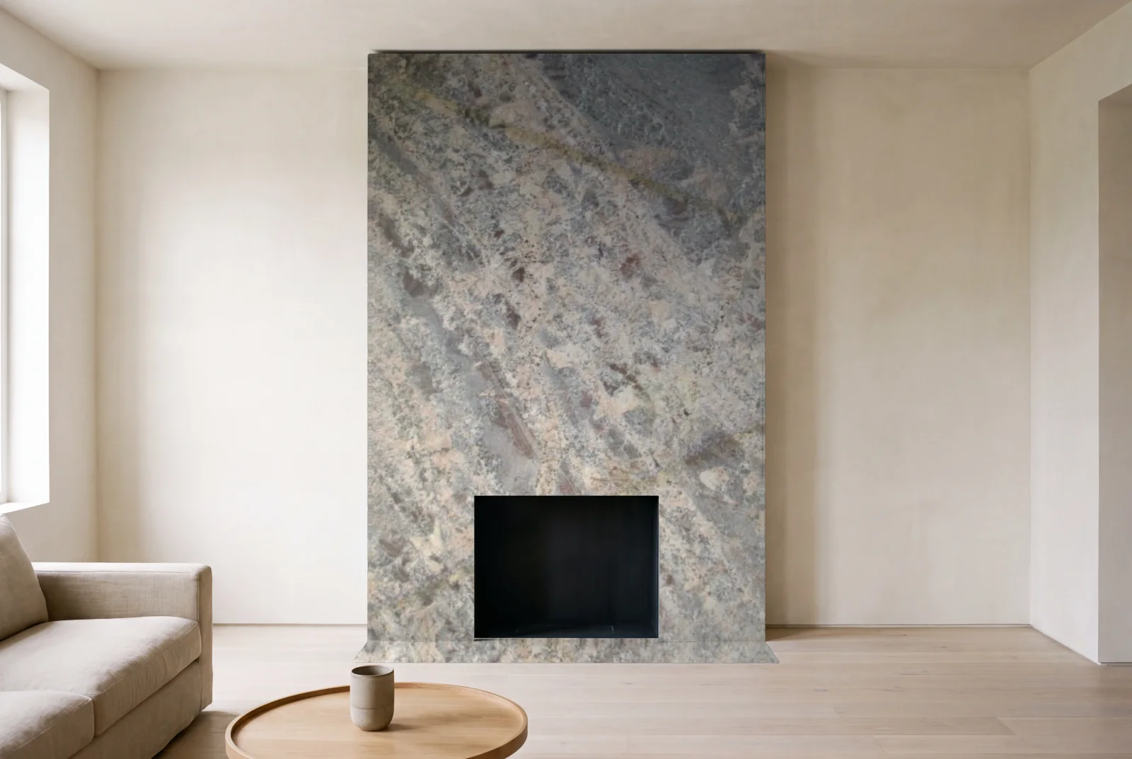Visualization of Bordeaux River as a floor-to-ceiling fireplace wall in a living room