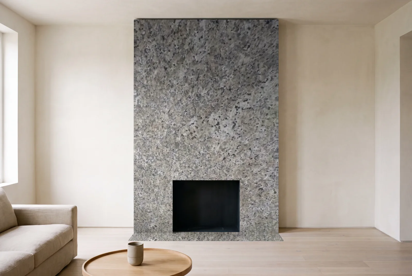 Visualization of Butterfly Beige as a floor-to-ceiling fireplace wall in a living room