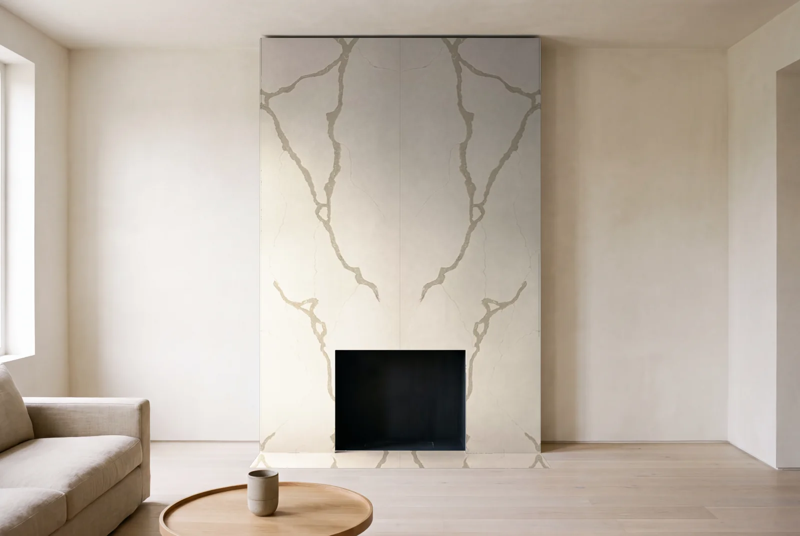 Visualization of Calacatta Borghini as a floor-to-ceiling fireplace wall in a living room