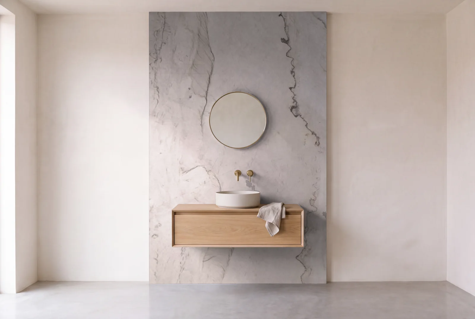 Visualization of Calacatta Fox Honed as one slab behind a floating bathroom vanity