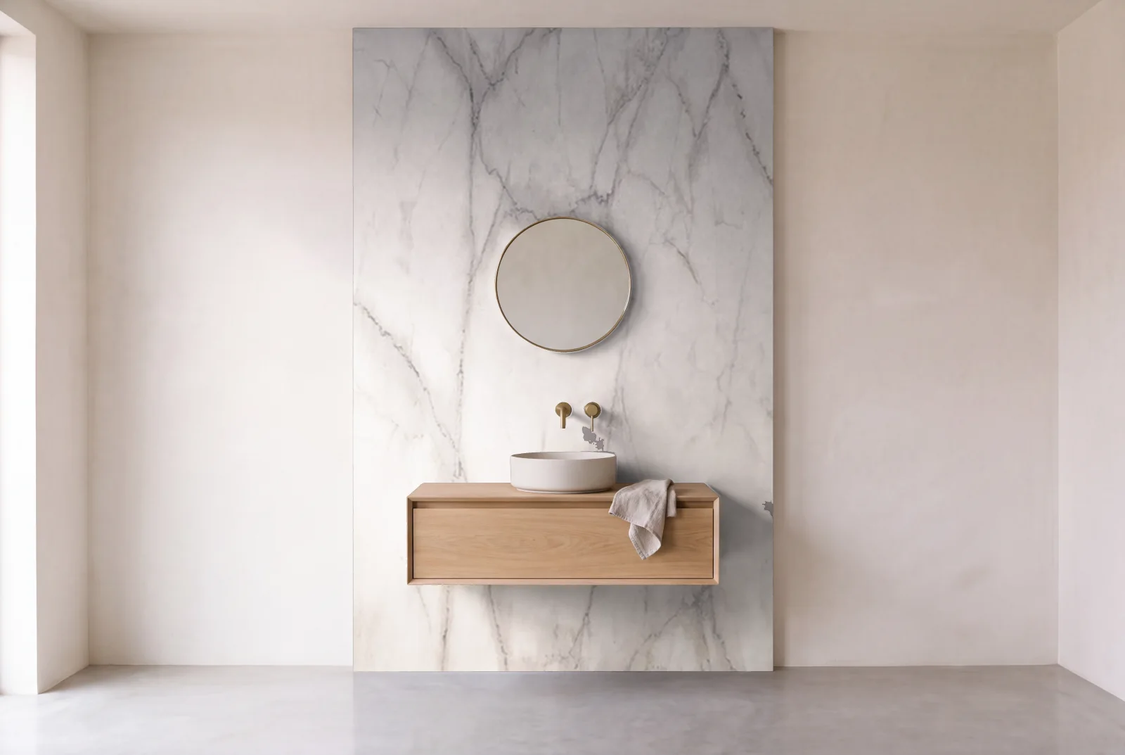 Visualization of Calacatta Lincoln honed as one slab behind a floating bathroom vanity