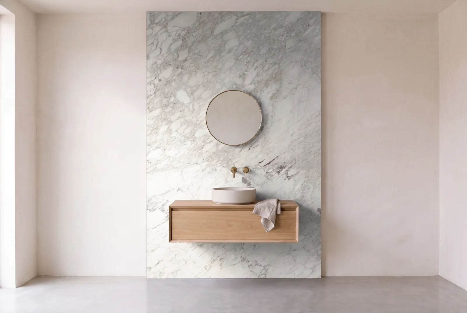 Visualization of Calacatta Vagli as one slab behind a floating bathroom vanity
