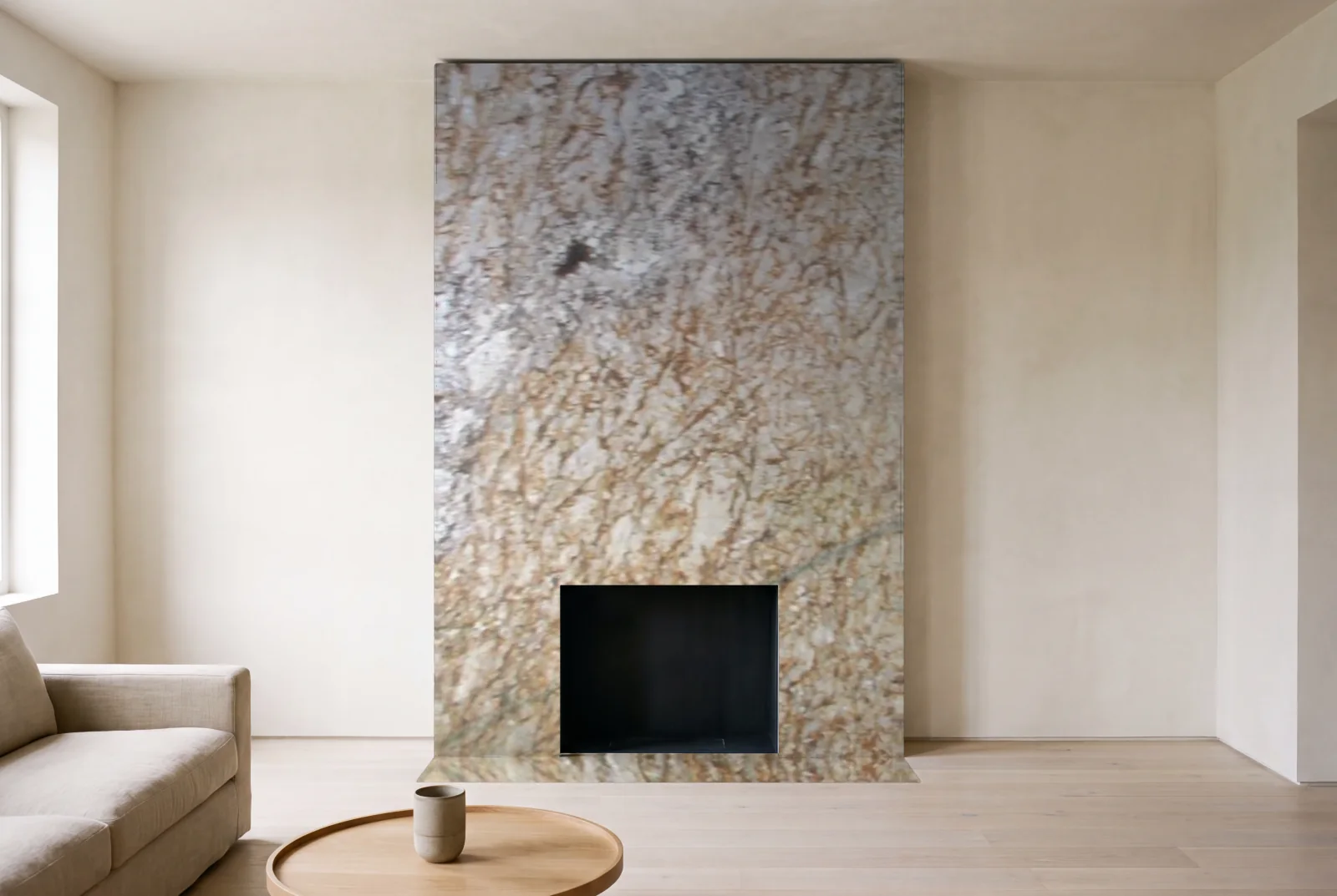 Visualization of Caravelas Gold as a floor-to-ceiling fireplace wall in a living room