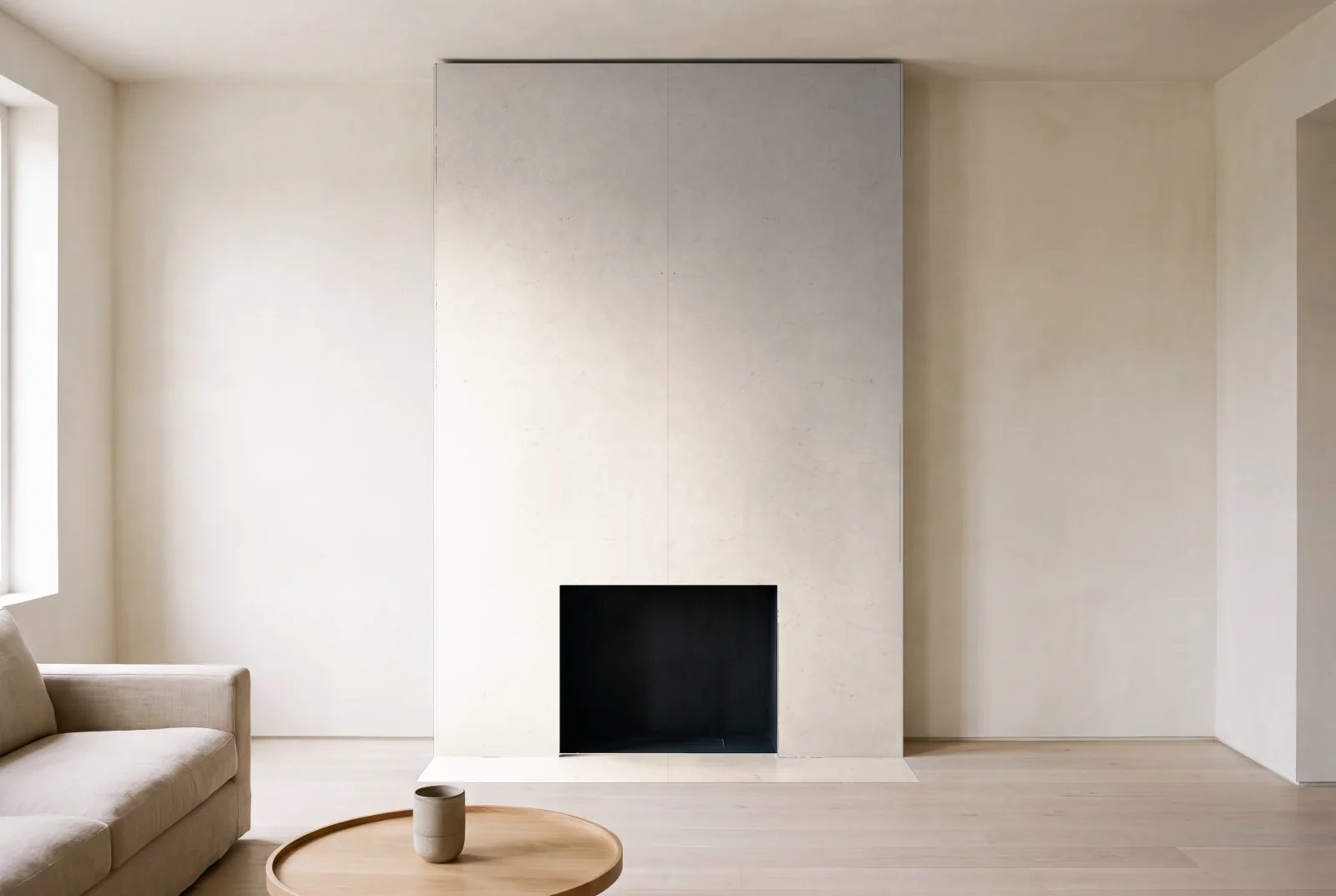 Visualization of Carrara Marmi as a floor-to-ceiling fireplace wall in a living room