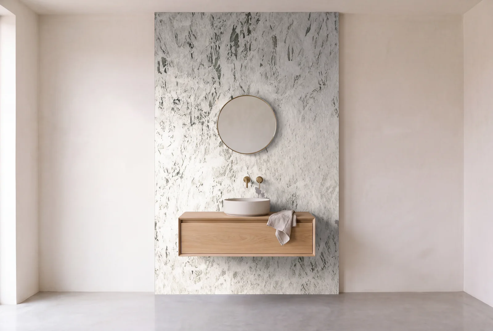 Visualization of Cartier Nuage as one slab behind a floating bathroom vanity