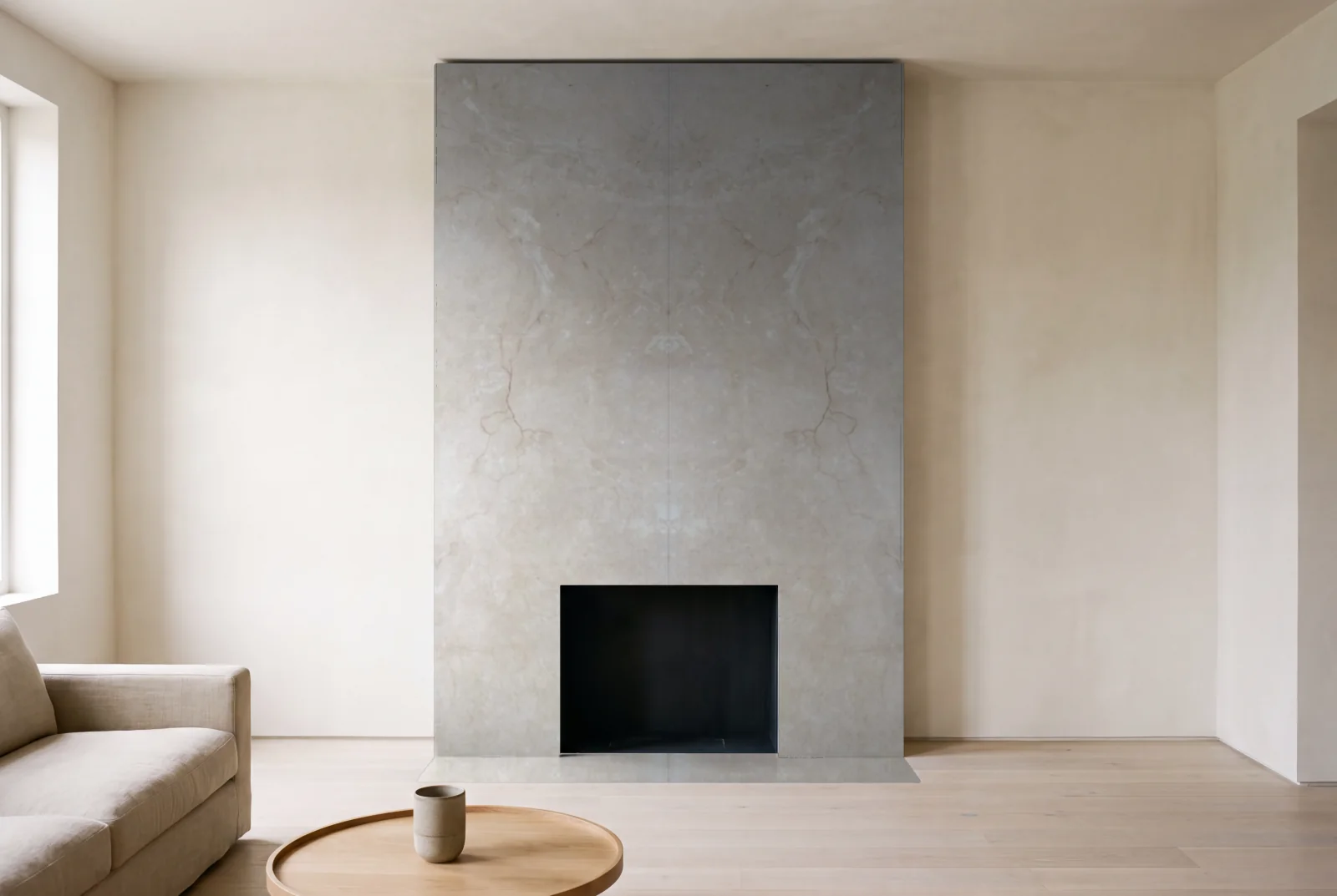 Visualization of Celio as a floor-to-ceiling fireplace wall in a living room