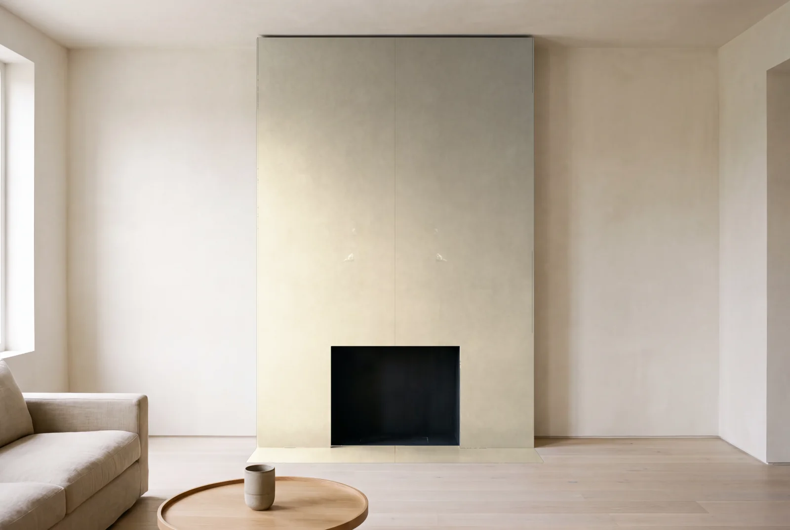 Visualization of Cemento Latte as a floor-to-ceiling fireplace wall in a living room