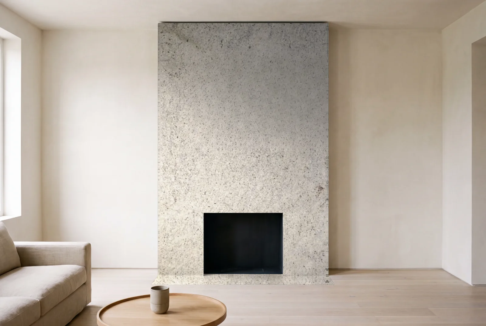 Visualization of Colonial White as a floor-to-ceiling fireplace wall in a living room