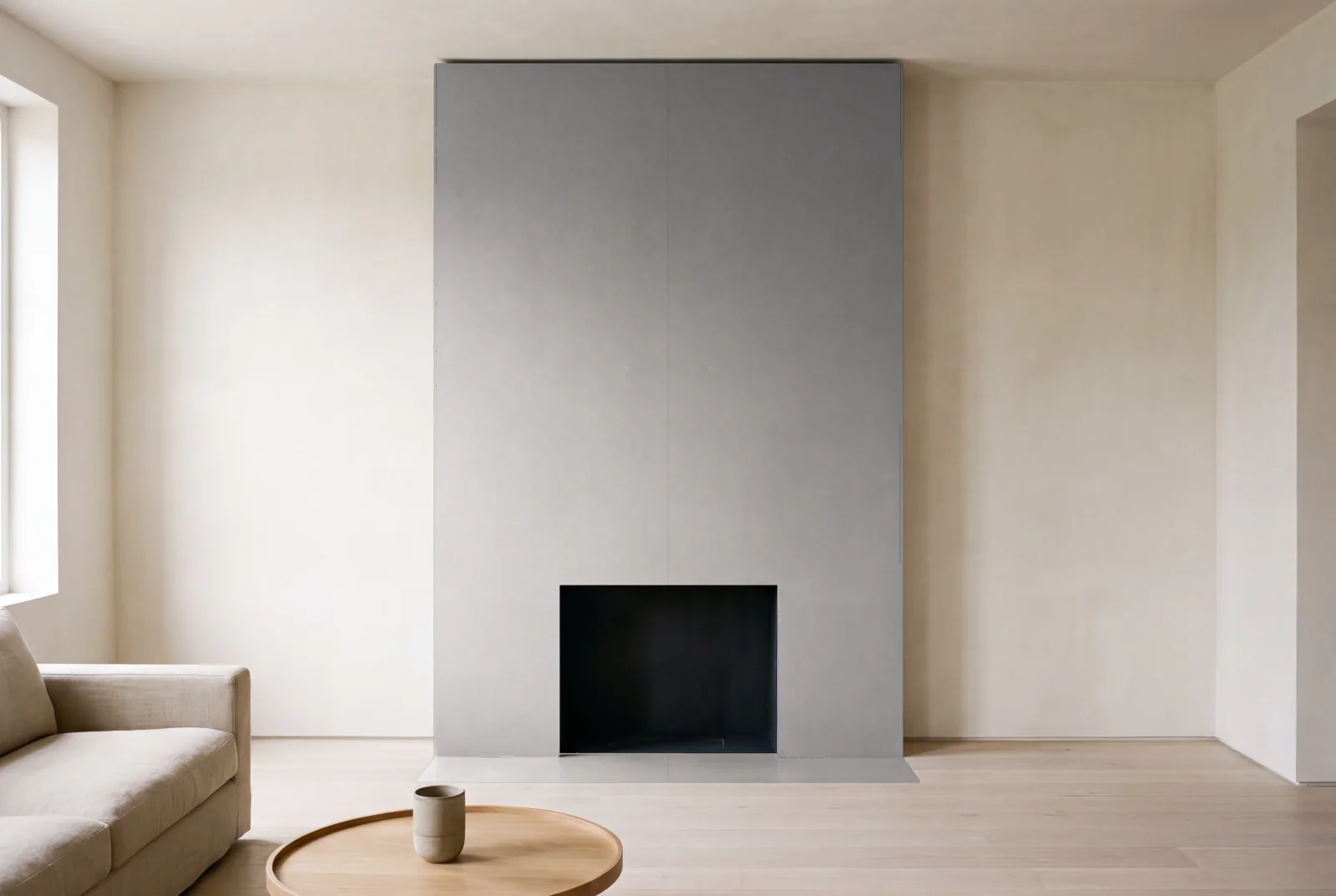 Visualization of Concrete Grey as a floor-to-ceiling fireplace wall in a living room