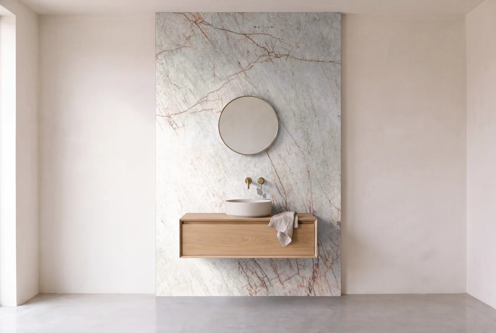 Visualization of Cristal Rose as one slab behind a floating bathroom vanity