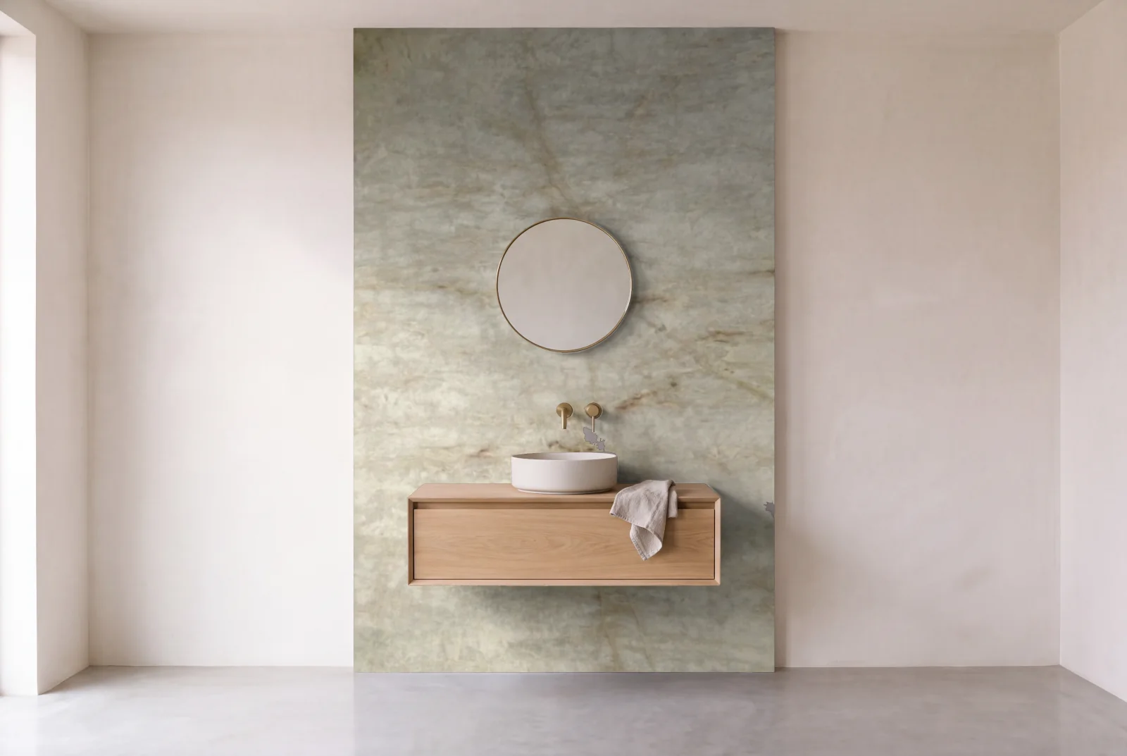 Visualization of Cristallo as one slab behind a floating bathroom vanity