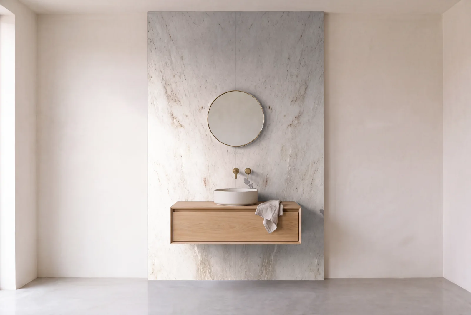 Visualization of Crystal as one slab behind a floating bathroom vanity