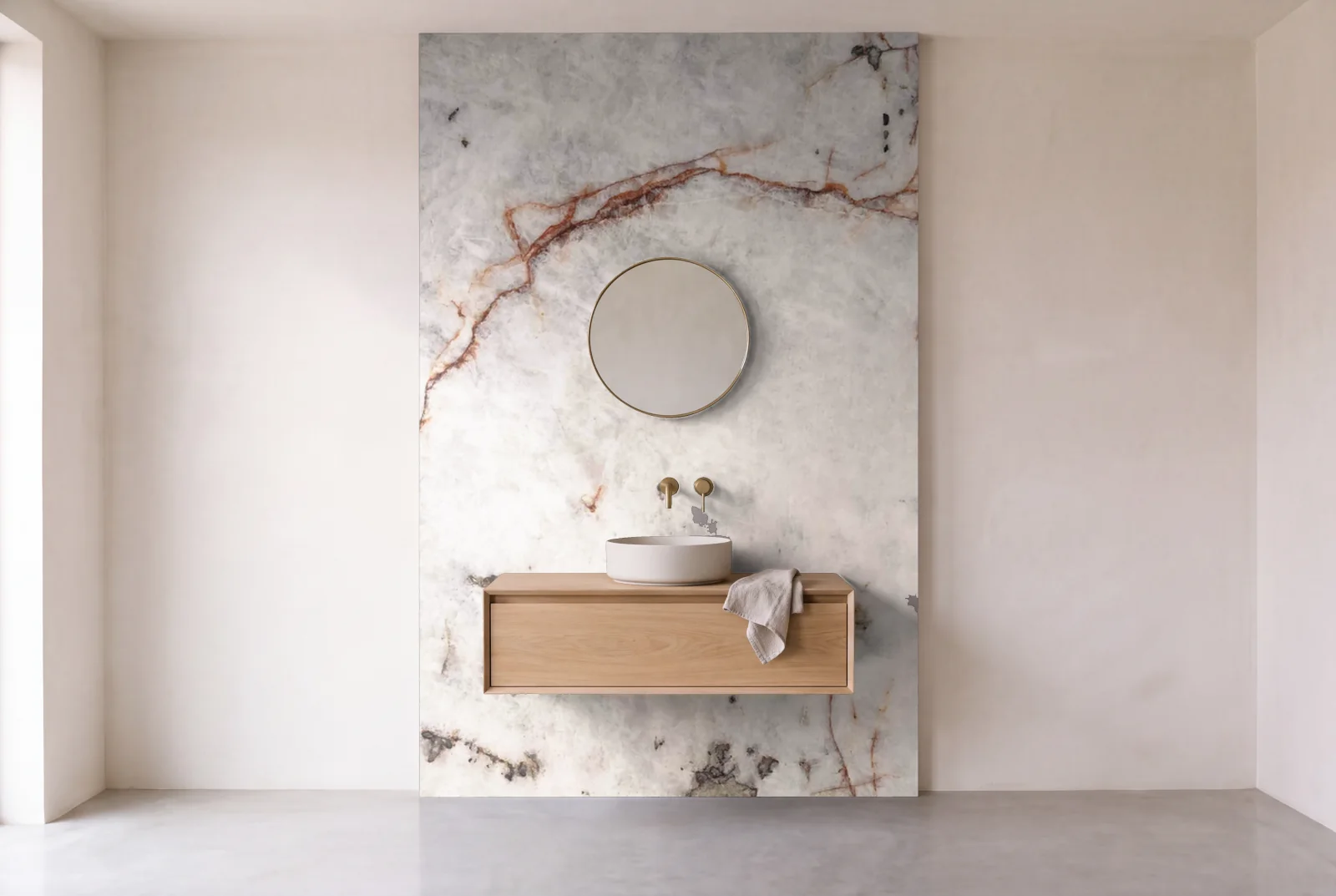 Visualization of Crystal Gold Leather as one slab behind a floating bathroom vanity
