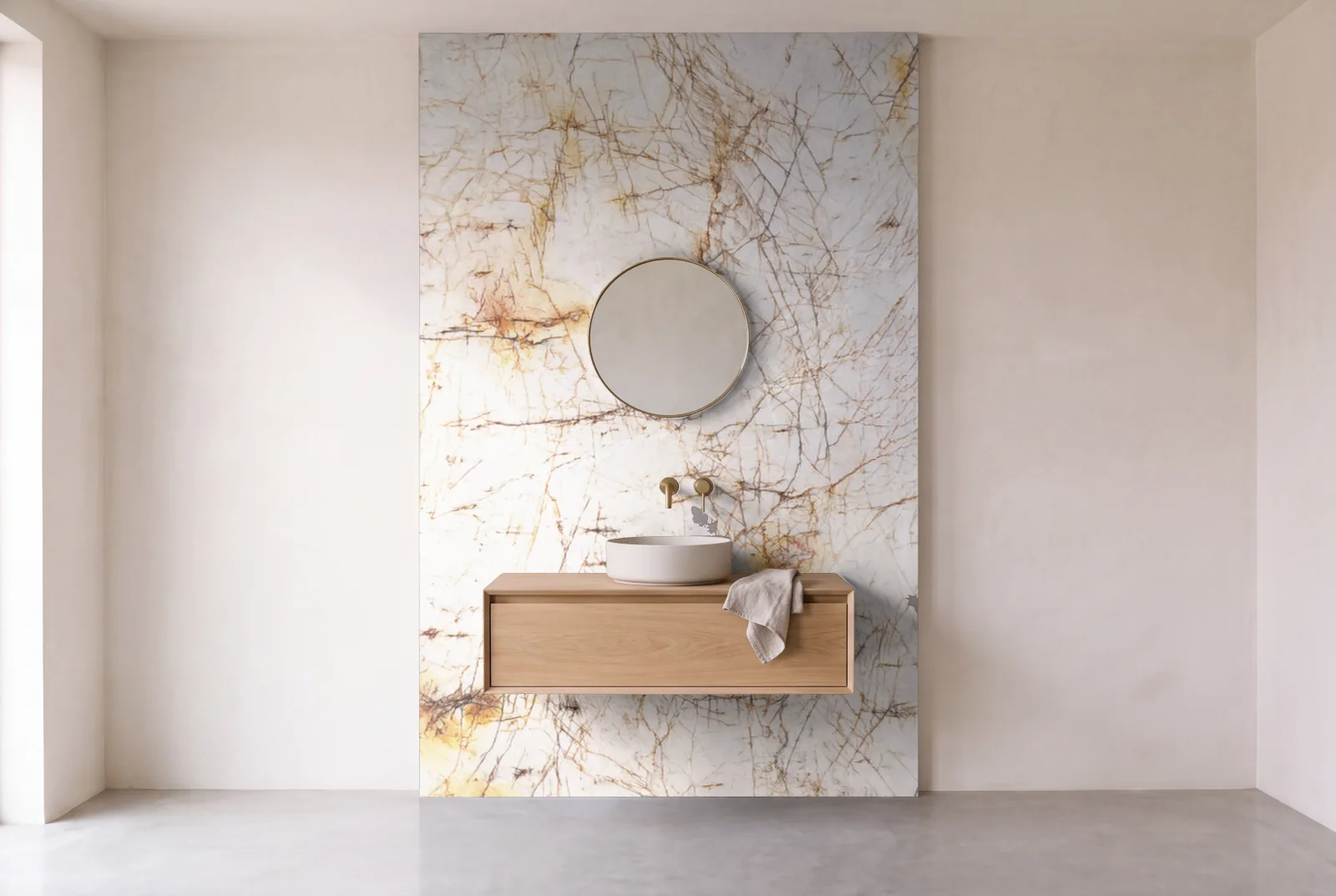 Visualization of Crystal Lumiere as one slab behind a floating bathroom vanity
