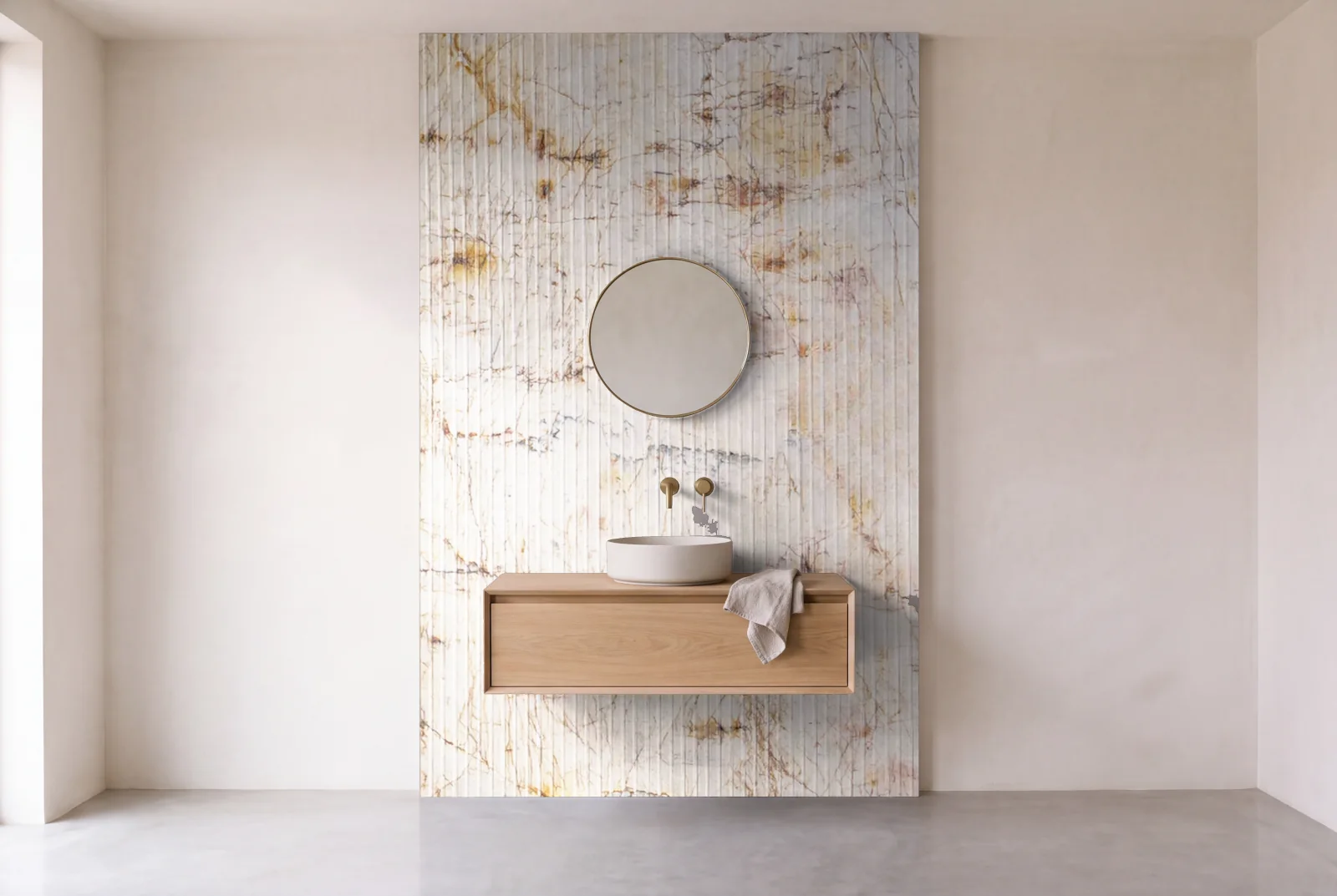 Visualization of Crystal Lumiere Fluted as one slab behind a floating bathroom vanity