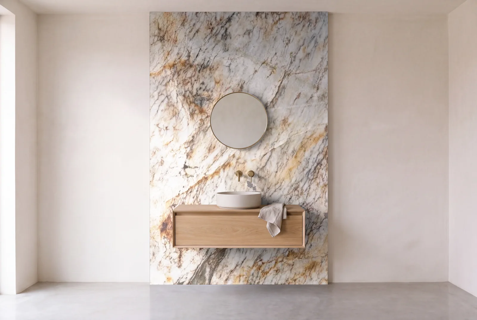 Visualization of Crystal Visita Linda as one slab behind a floating bathroom vanity