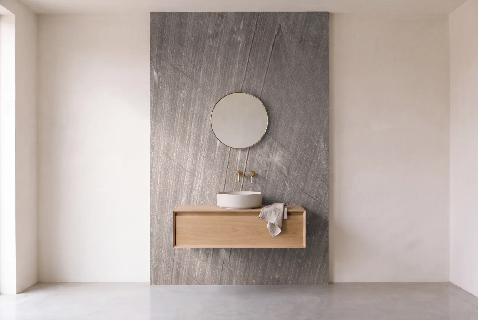 Visualization of Cygnus Leather as one slab behind a floating bathroom vanity