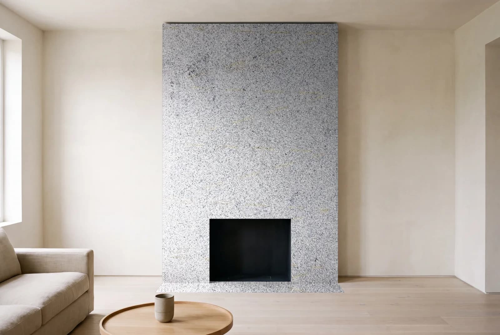Visualization of Dalmata as a floor-to-ceiling fireplace wall in a living room