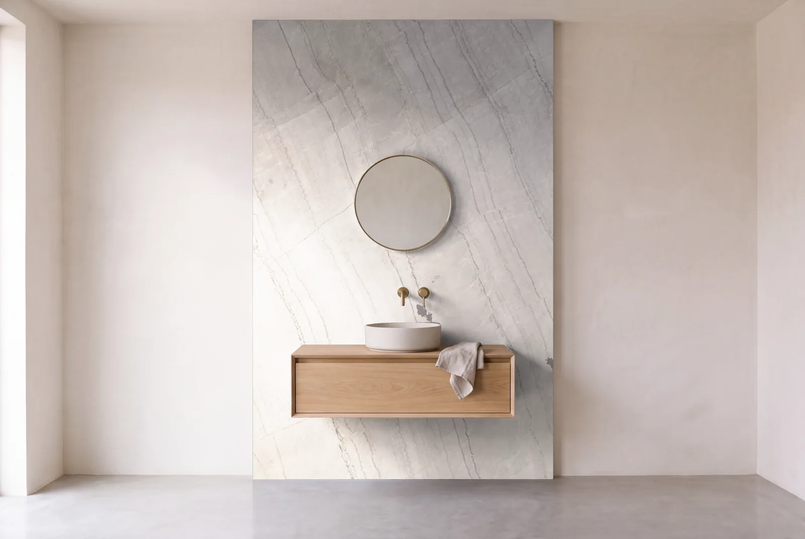 Visualization of Denali Leather Quartzite as one slab behind a floating bathroom vanity