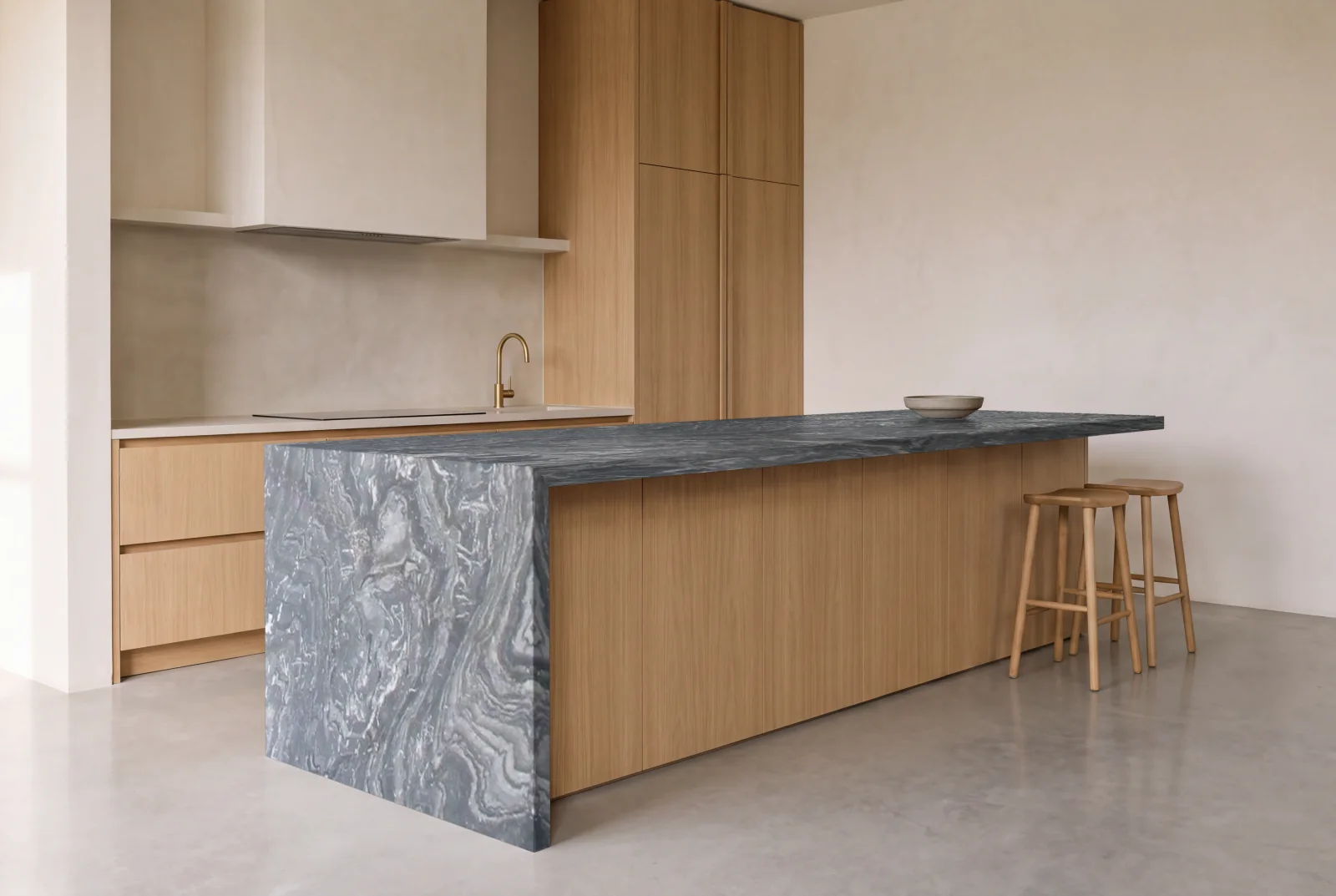 Visualization of Distortion Leather as a waterfall island in an oak kitchen