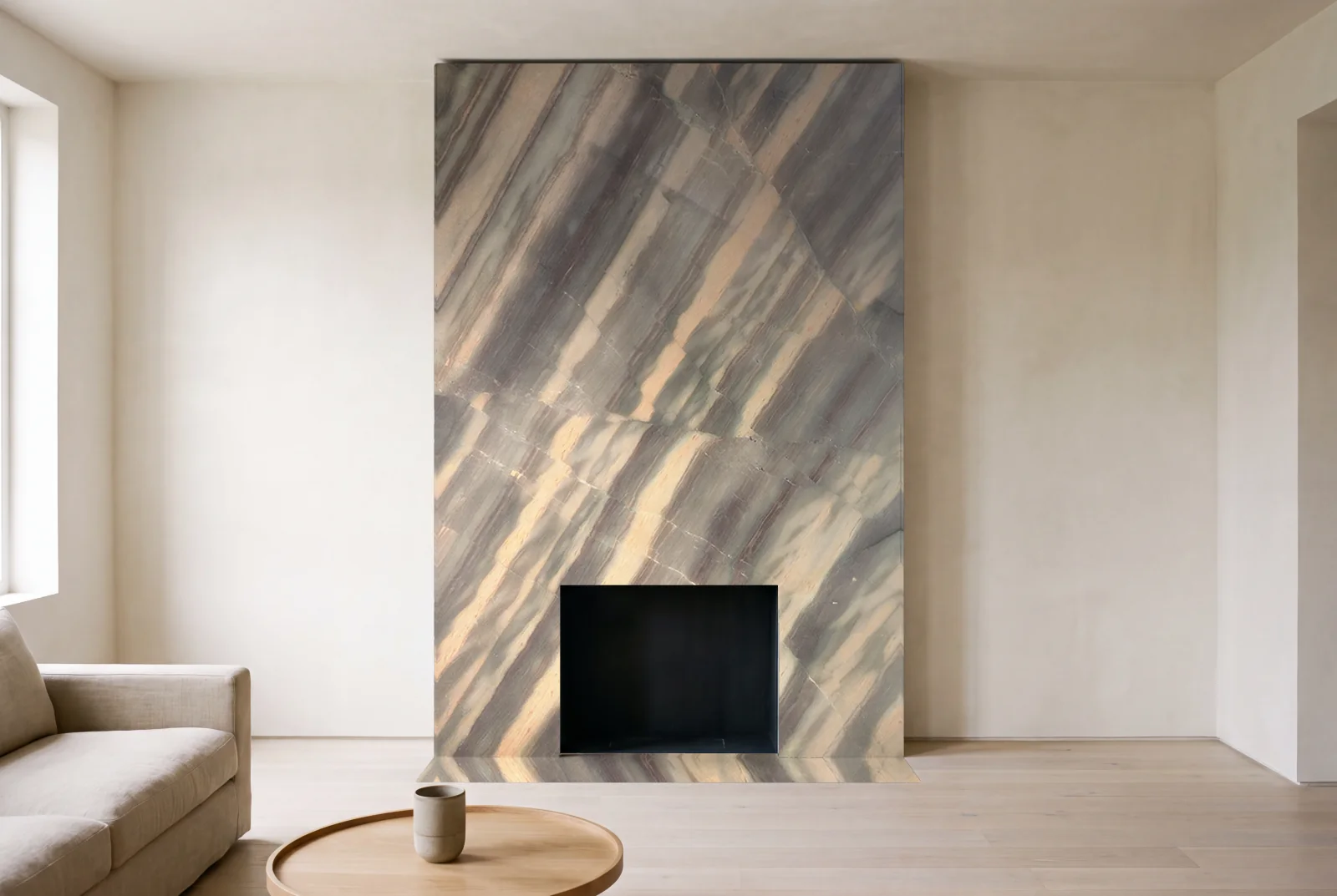 Visualization of Elegant Brown as a floor-to-ceiling fireplace wall in a living room