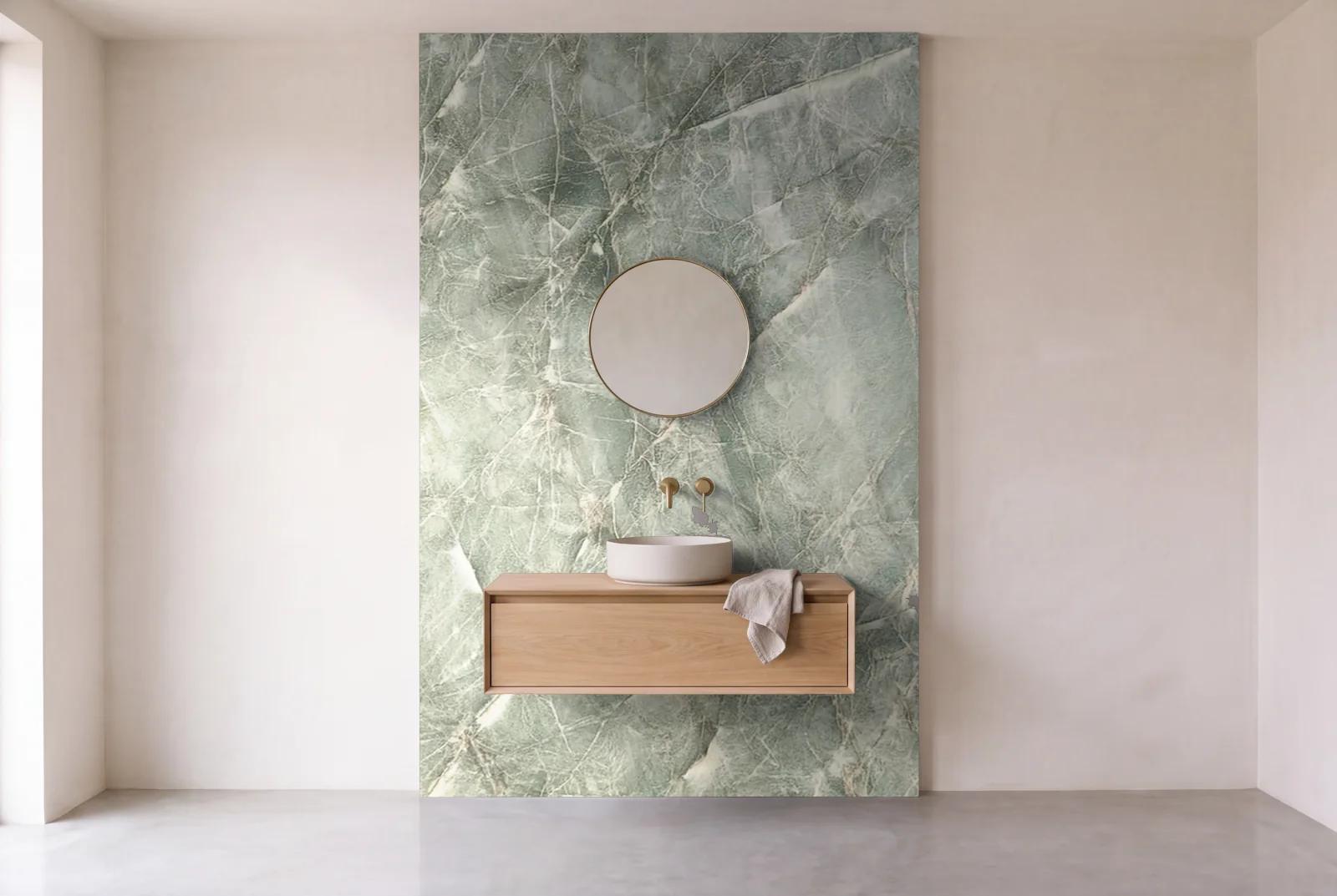 Visualization of Emerald Lake as one slab behind a floating bathroom vanity