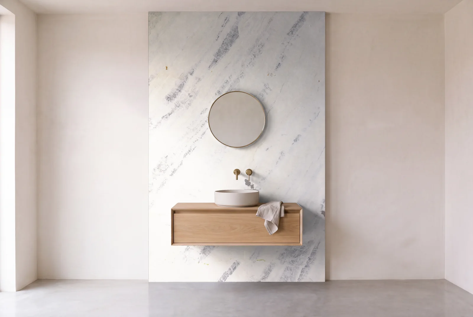 Visualization of Fancy Crystal White as one slab behind a floating bathroom vanity