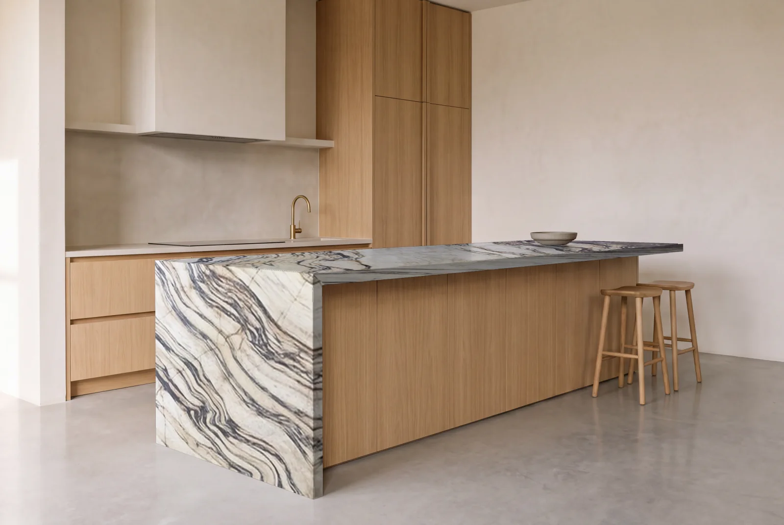 Visualization of Fantastico Arni Viola as a waterfall island in an oak kitchen