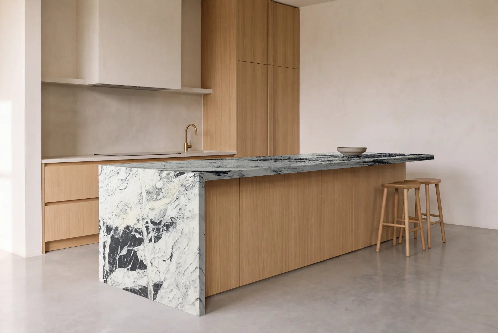 Visualization of Fendi White as a waterfall island in an oak kitchen