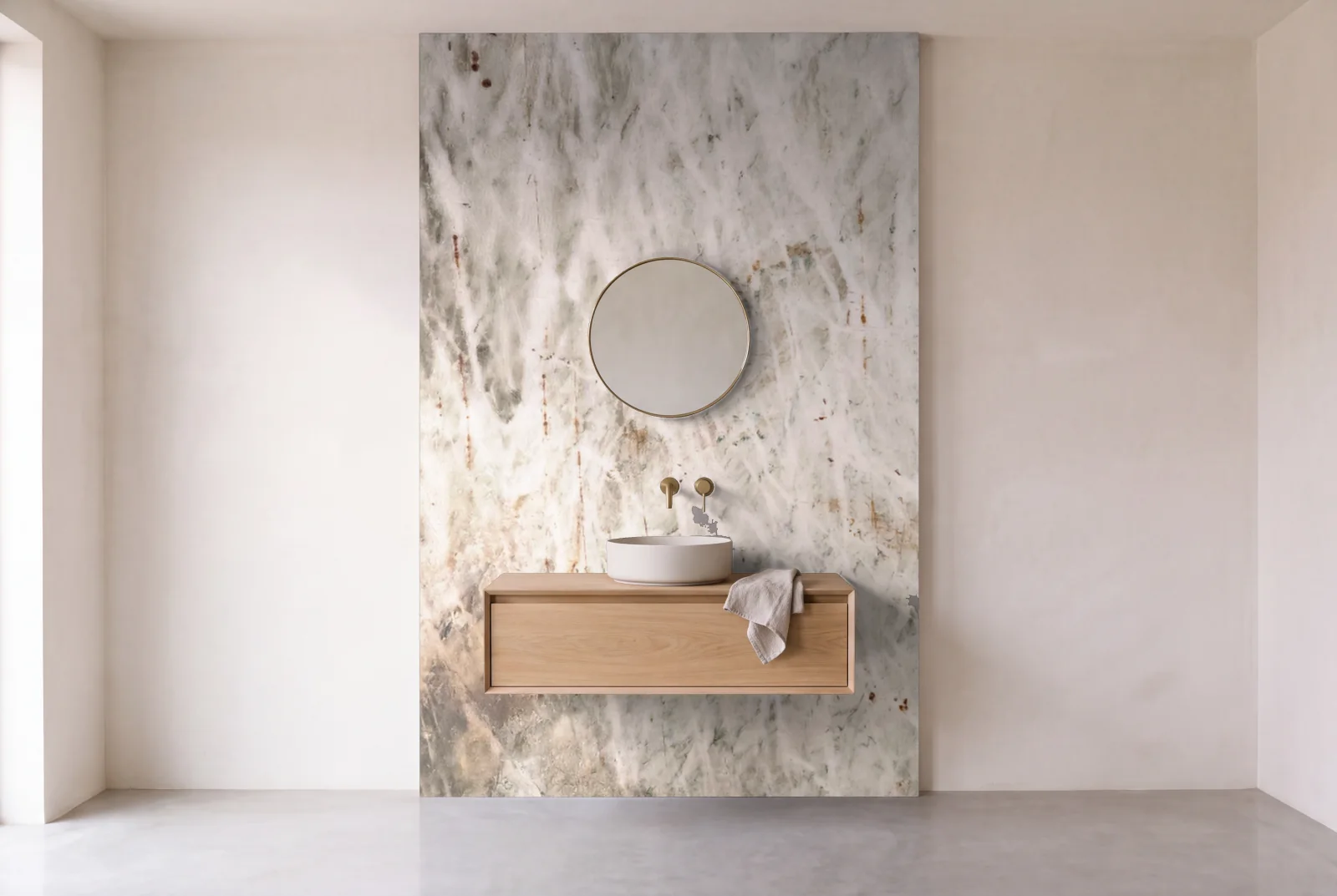 Visualization of Forest Crystal as one slab behind a floating bathroom vanity