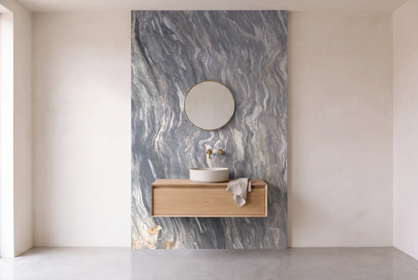 Visualization of Fusion as one slab behind a floating bathroom vanity