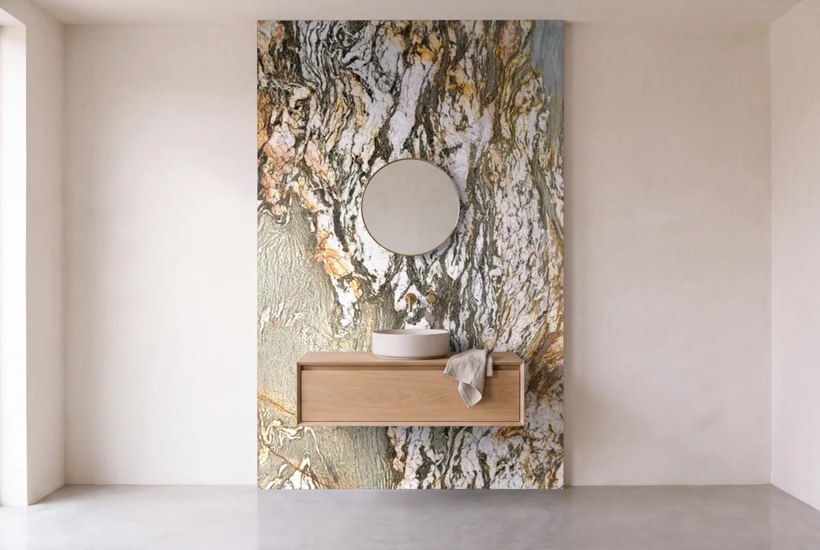 Visualization of Fusion Crystal as one slab behind a floating bathroom vanity
