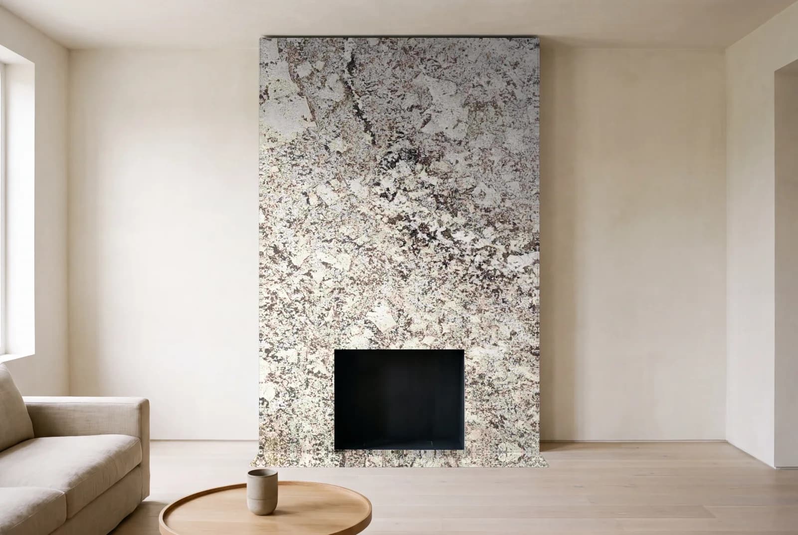 Visualization of Ganashe as a floor-to-ceiling fireplace wall in a living room
