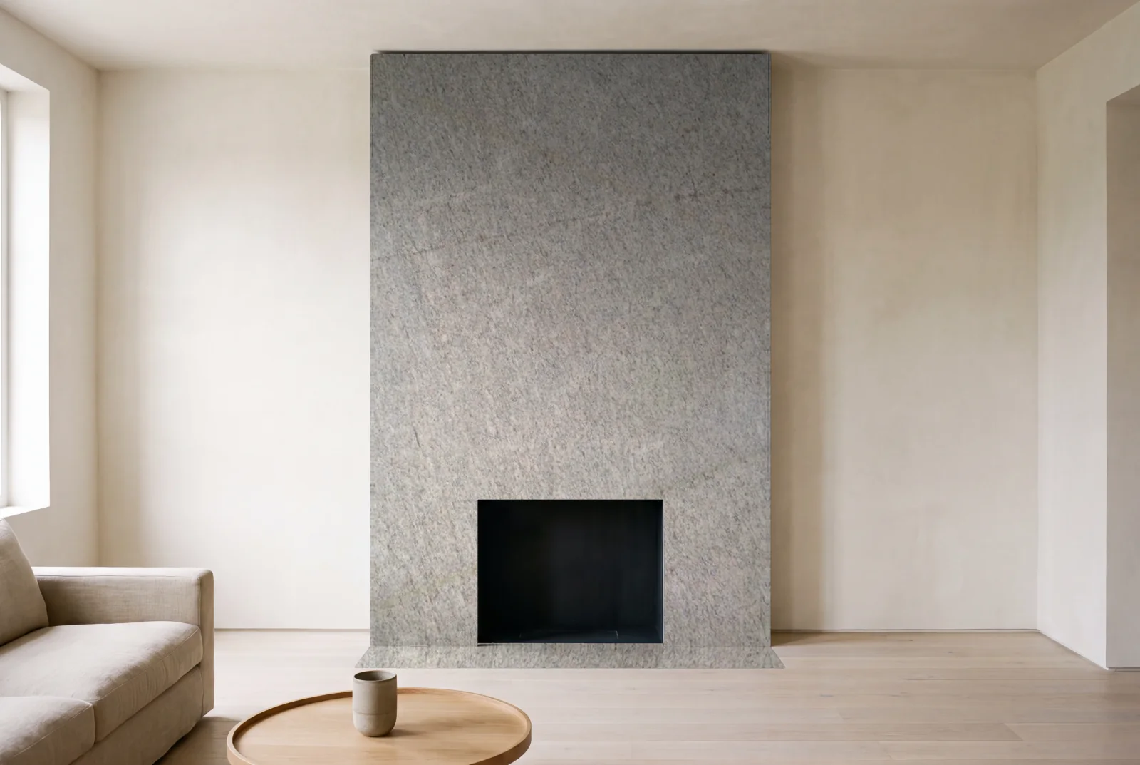 Visualization of Giallo Ornamental as a floor-to-ceiling fireplace wall in a living room