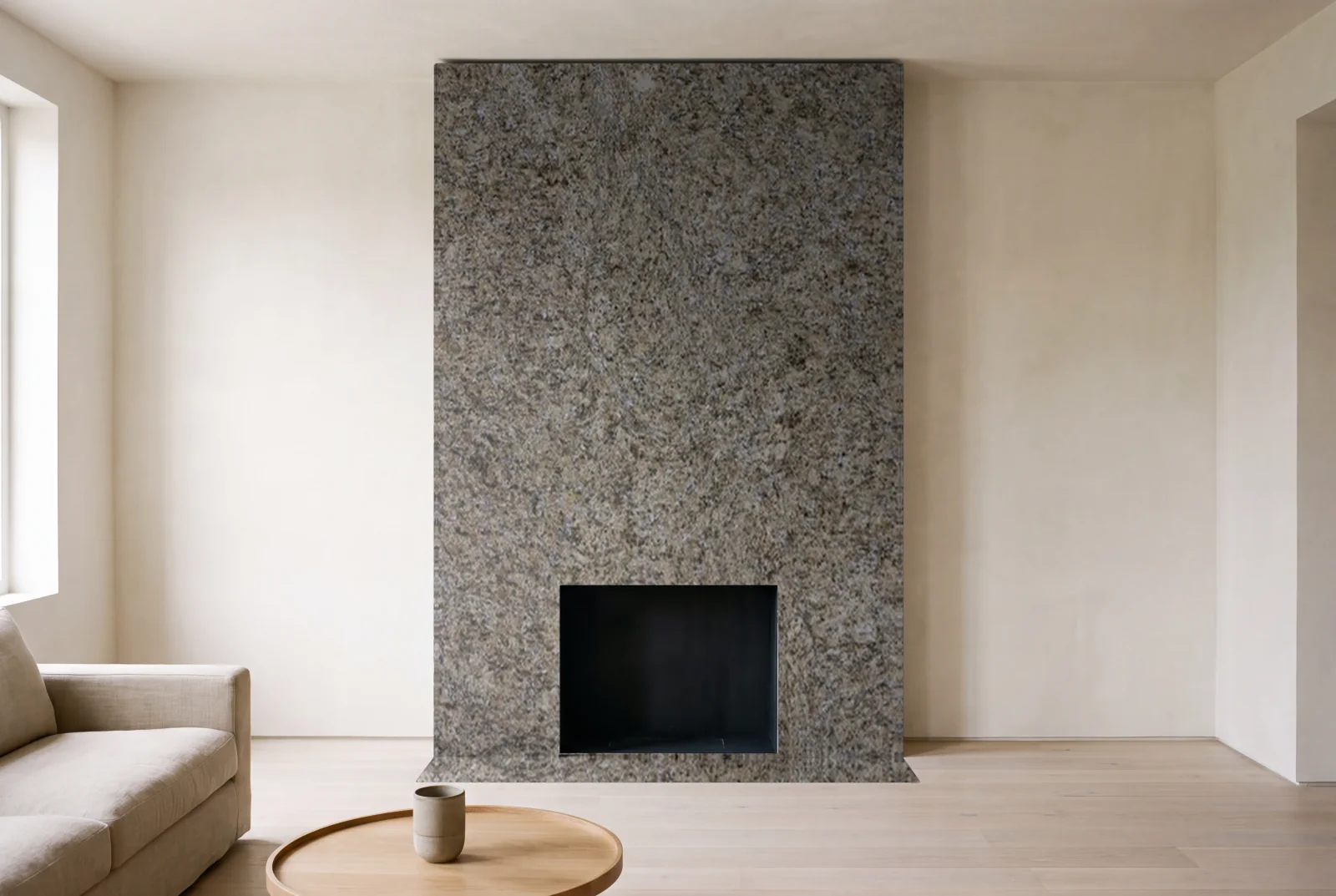 Visualization of Giallo Verona as a floor-to-ceiling fireplace wall in a living room