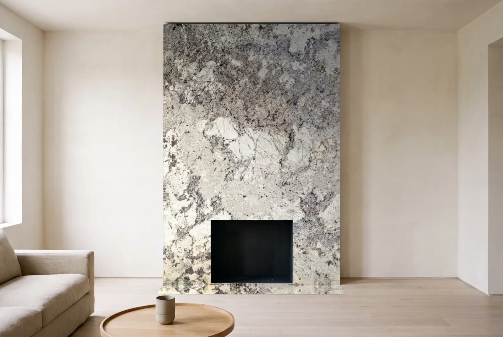 Visualization of Golden Sun as a floor-to-ceiling fireplace wall in a living room