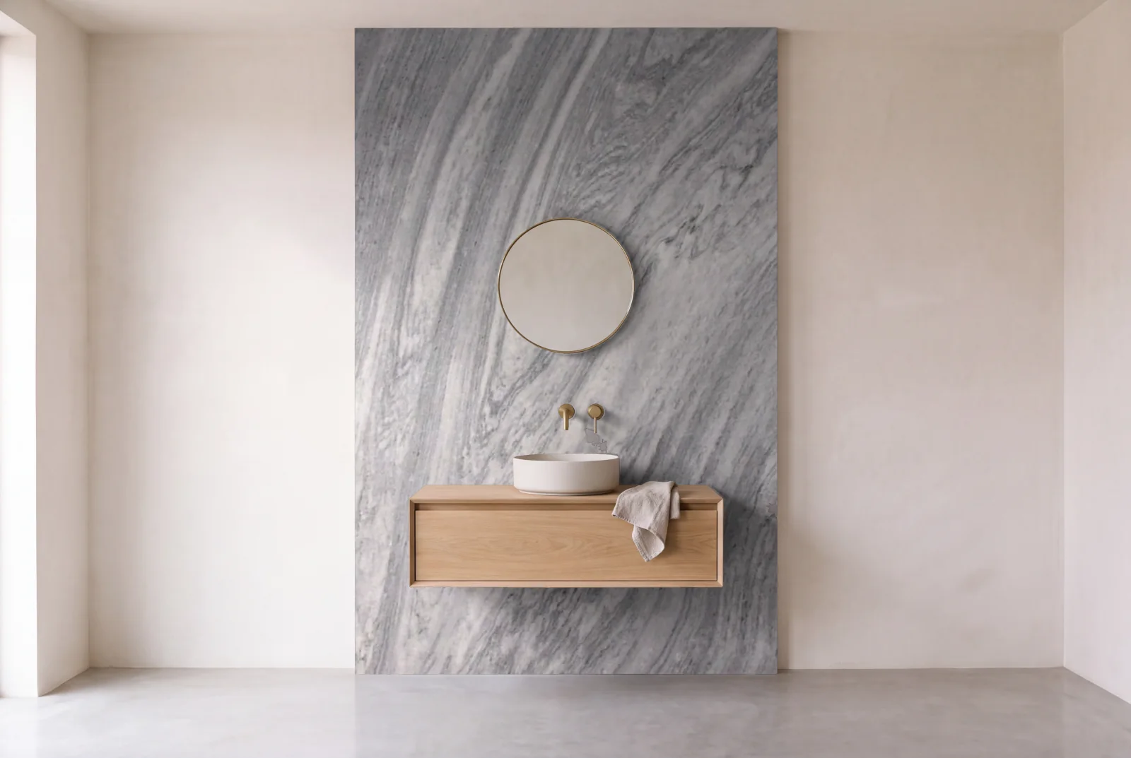 Visualization of Grey Cloud as one slab behind a floating bathroom vanity