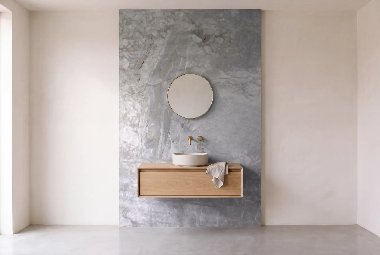 Visualization of Grey Royal as one slab behind a floating bathroom vanity