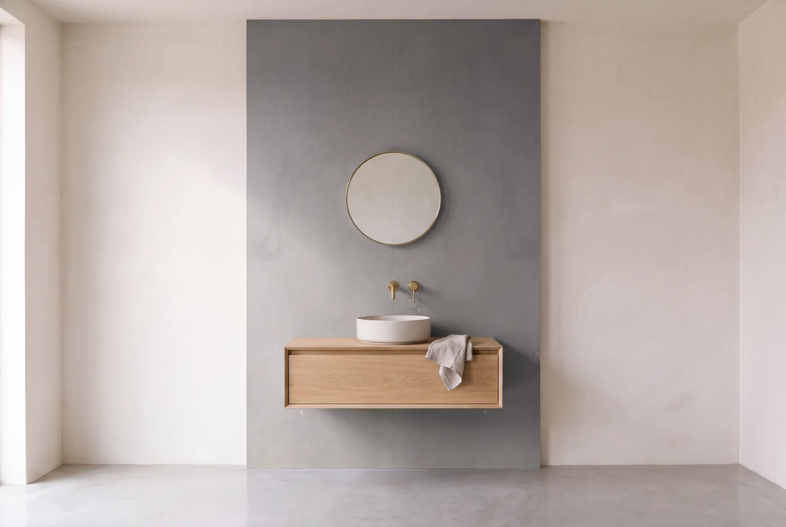 Visualization of Grey Stone as one slab behind a floating bathroom vanity