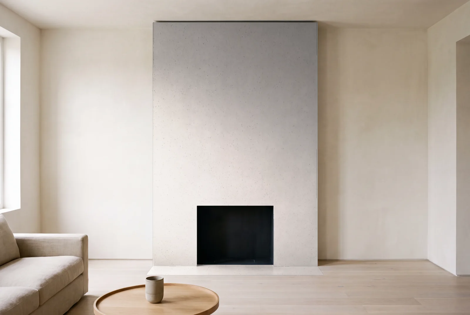 Visualization of Ice White as a floor-to-ceiling fireplace wall in a living room