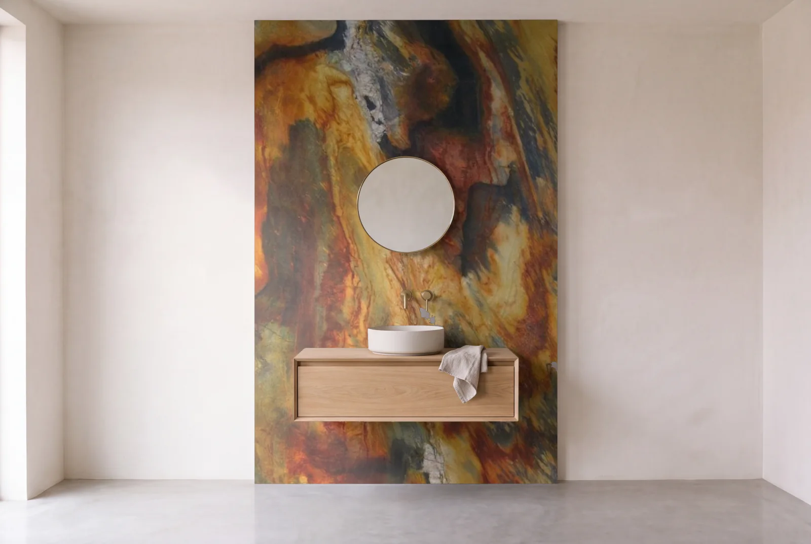 Visualization of Jacaranda Leather as one slab behind a floating bathroom vanity