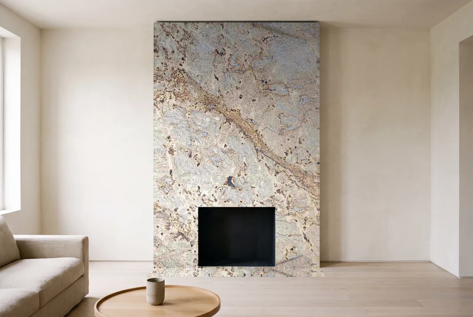 Visualization of Jaguar Dual Finish as a floor-to-ceiling fireplace wall in a living room