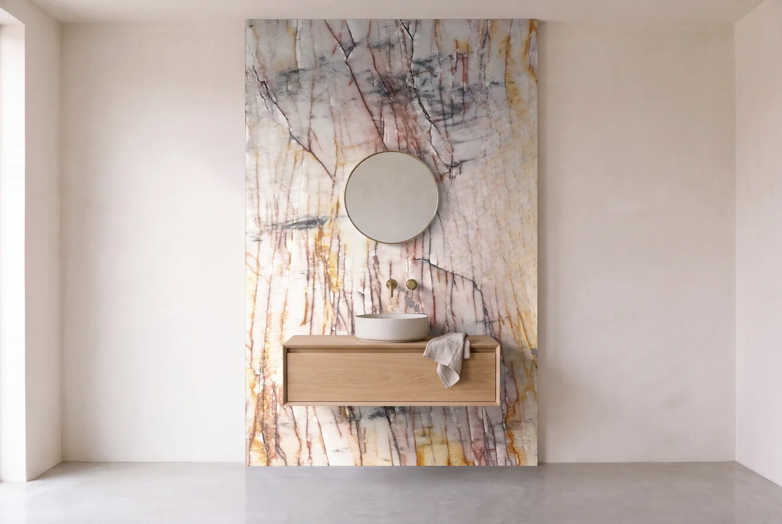 Visualization of Juliet as one slab behind a floating bathroom vanity