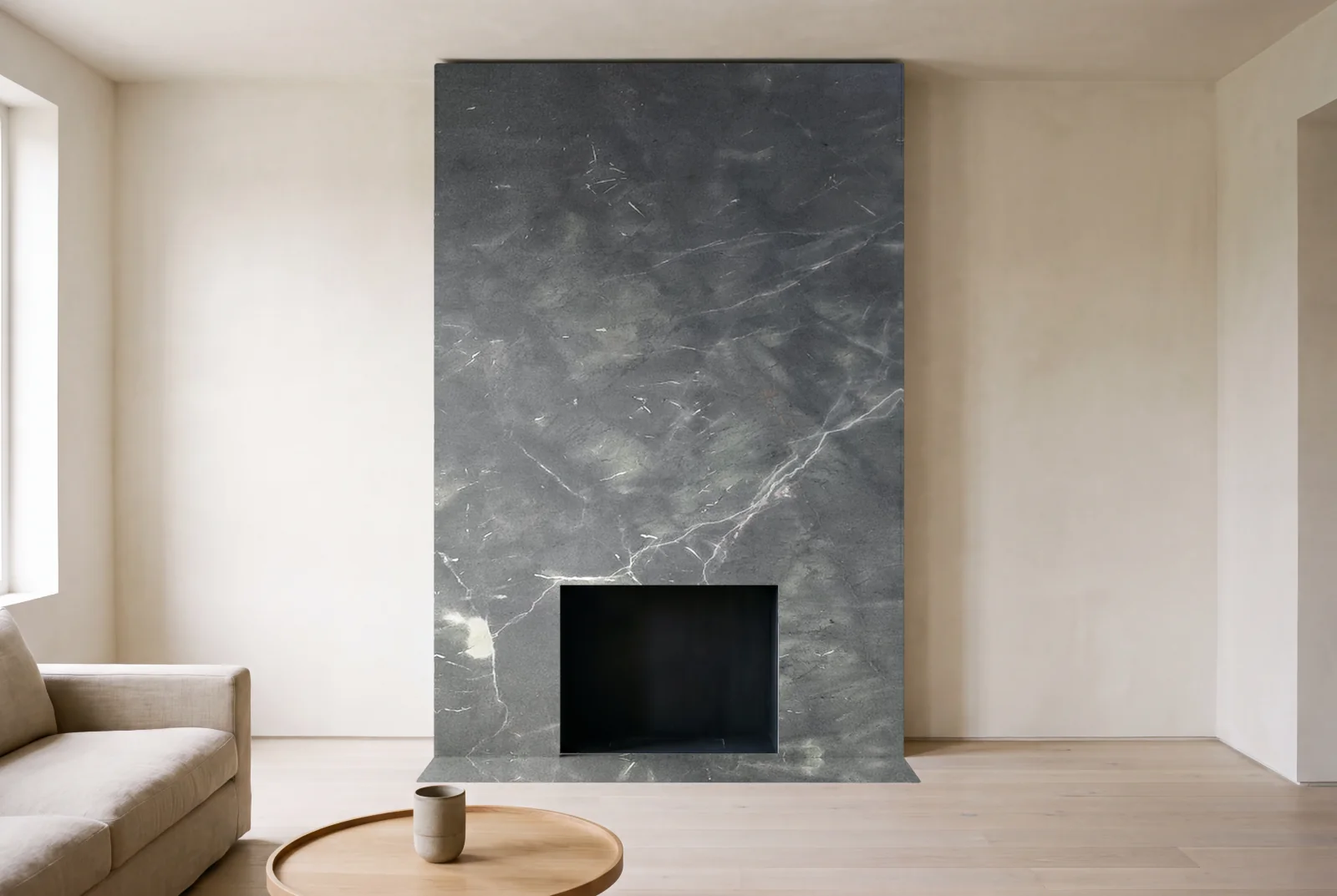 Visualization of Kouros Leather as a floor-to-ceiling fireplace wall in a living room