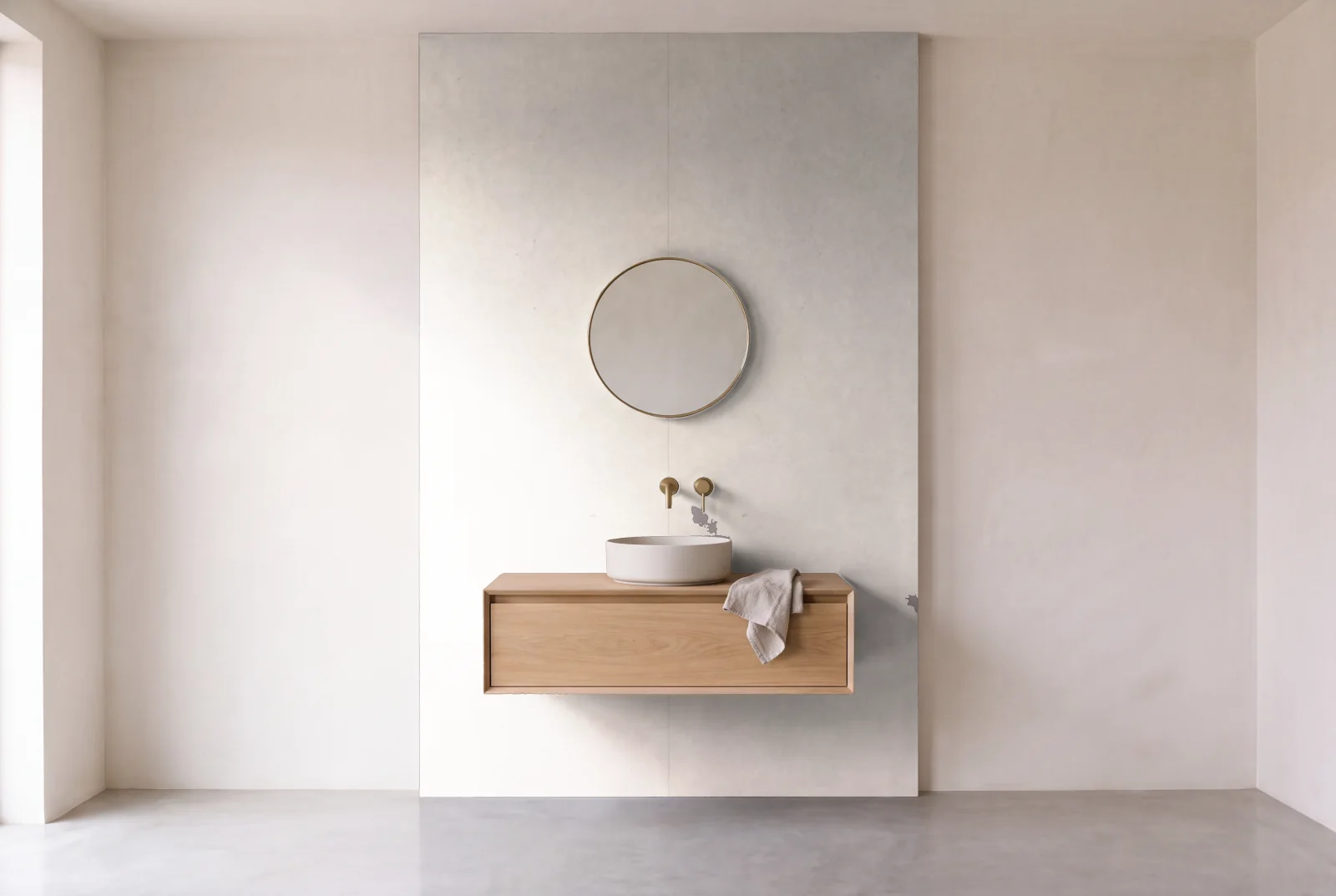 Visualization of Latte Extra as one slab behind a floating bathroom vanity