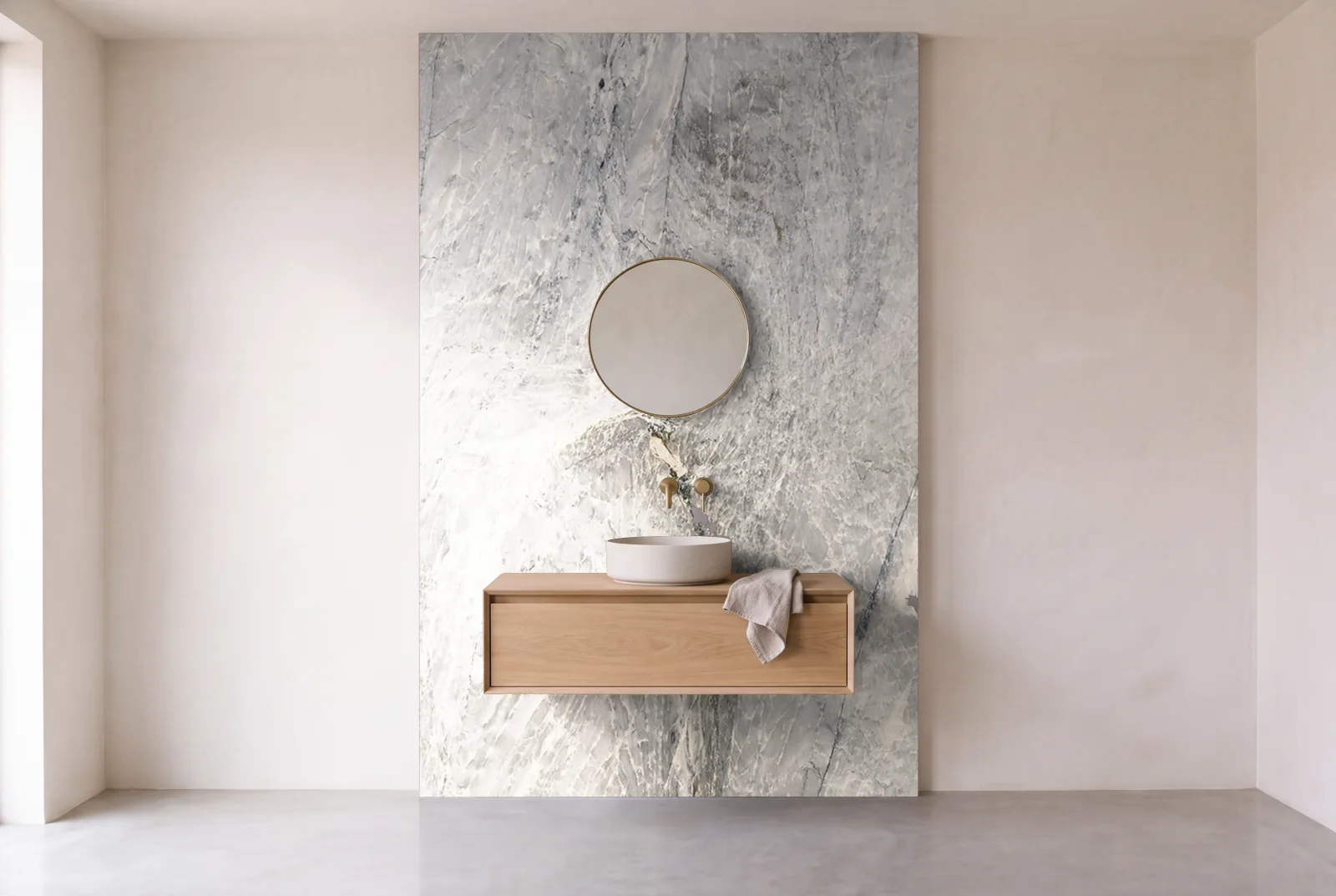 Visualization of Le Blu as one slab behind a floating bathroom vanity