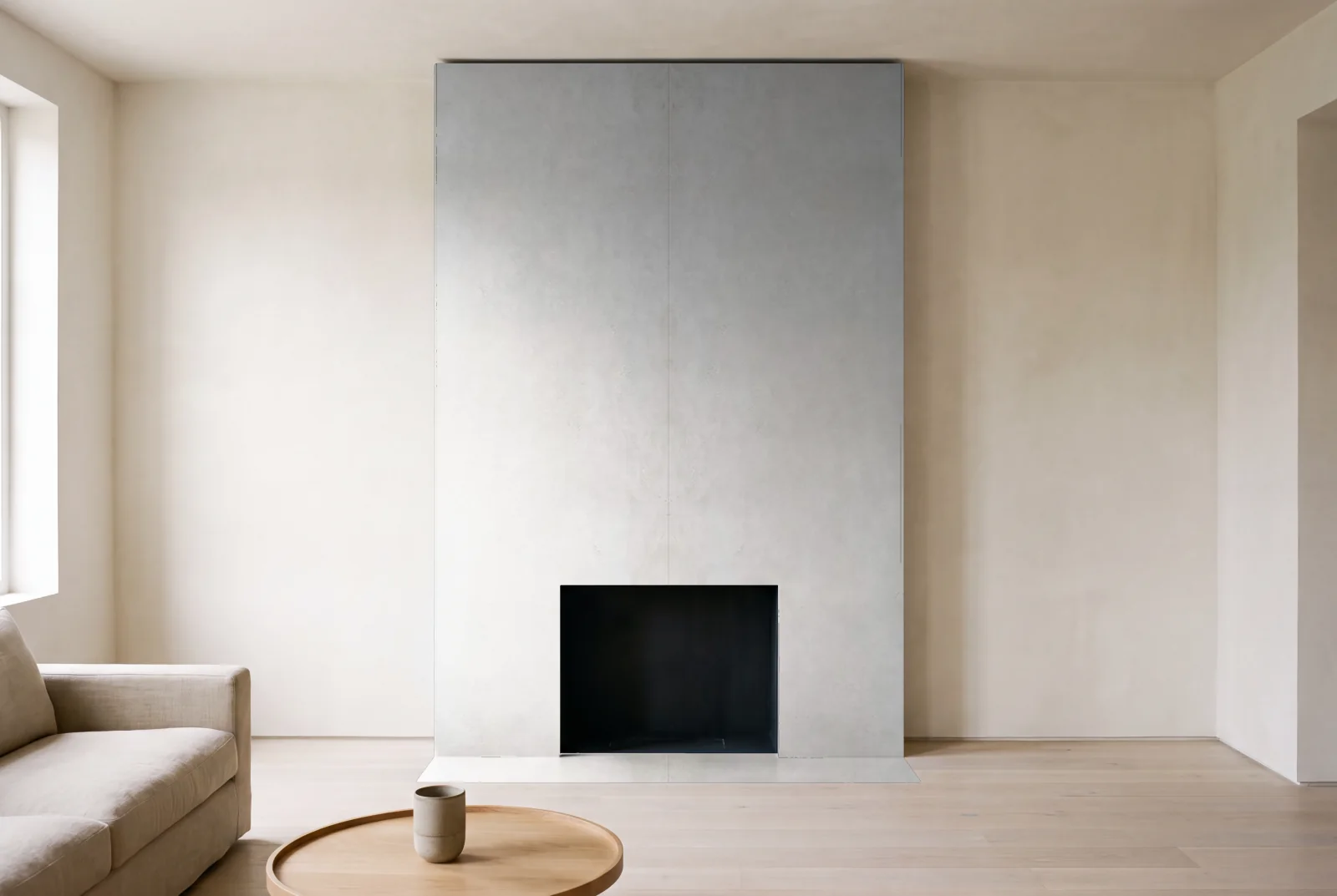 Visualization of London Leather as a floor-to-ceiling fireplace wall in a living room