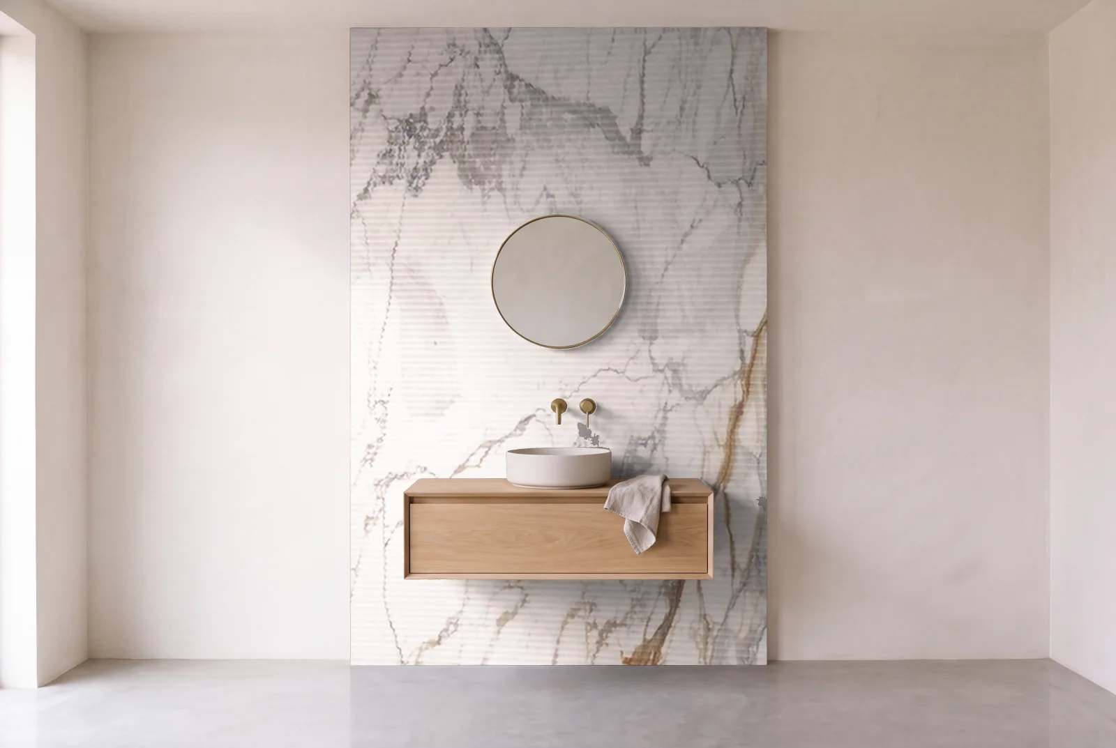 Visualization of Macchia Vecchia fluted as one slab behind a floating bathroom vanity
