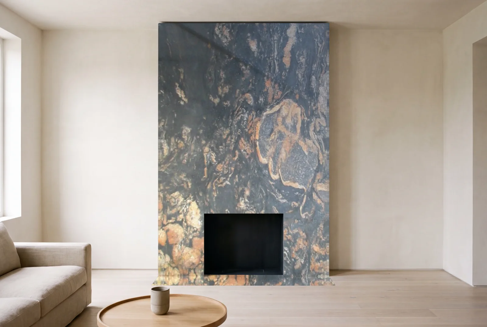Visualization of Magma Black Leather as a floor-to-ceiling fireplace wall in a living room