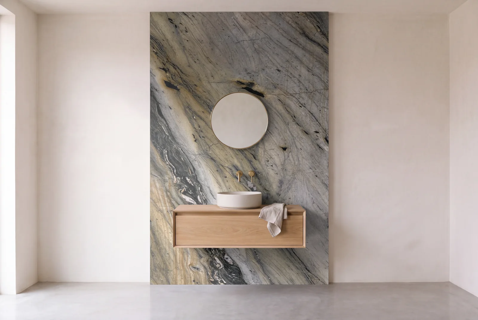 Visualization of Magma Blue as one slab behind a floating bathroom vanity